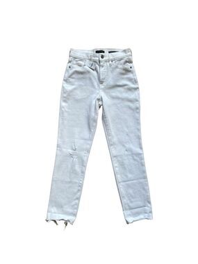 Banana Republic white jeans high rise slim raw hems ripped knees stretchy denim